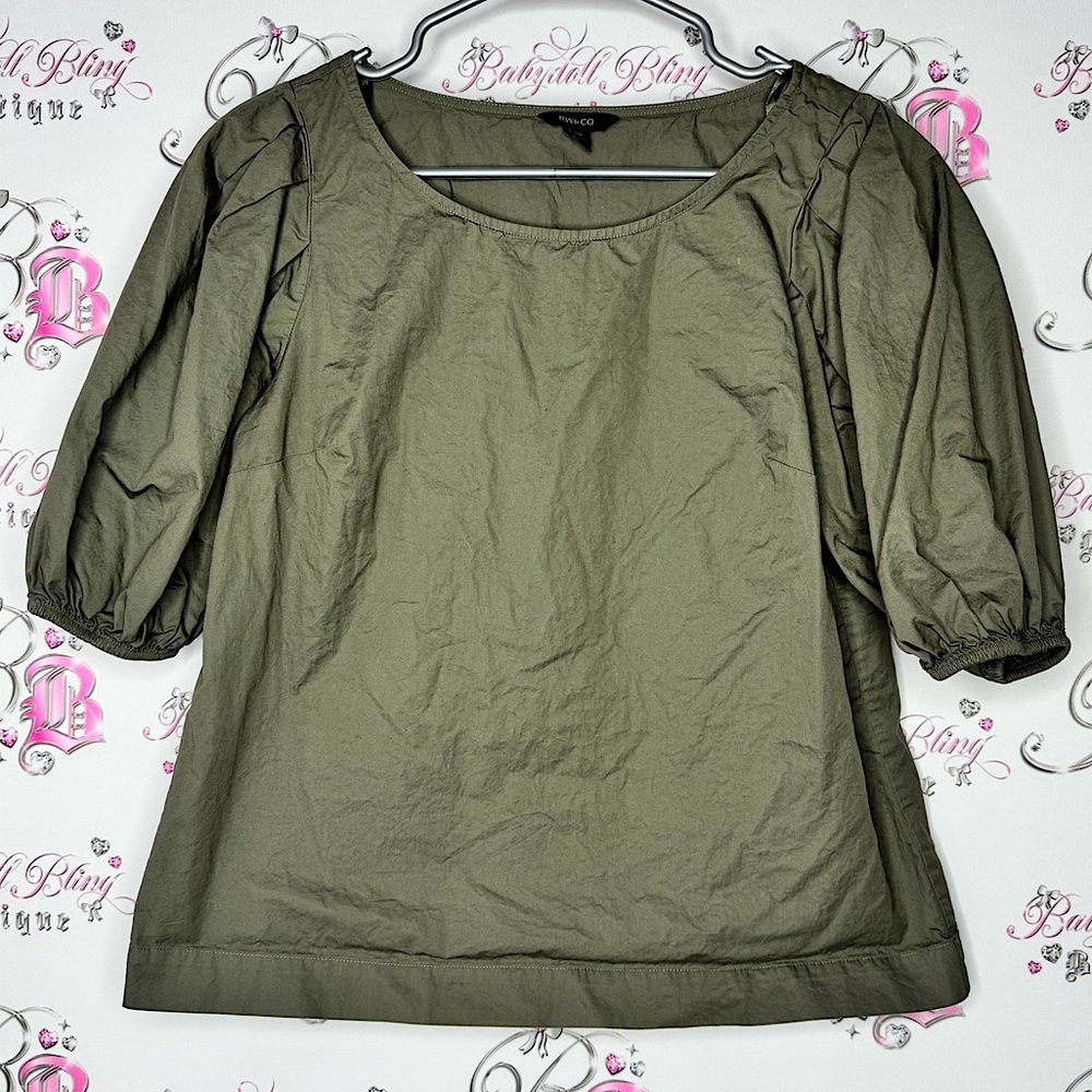 Rw&co shirt bubble sleeve military dark Olive Green Top cute oversized blouse